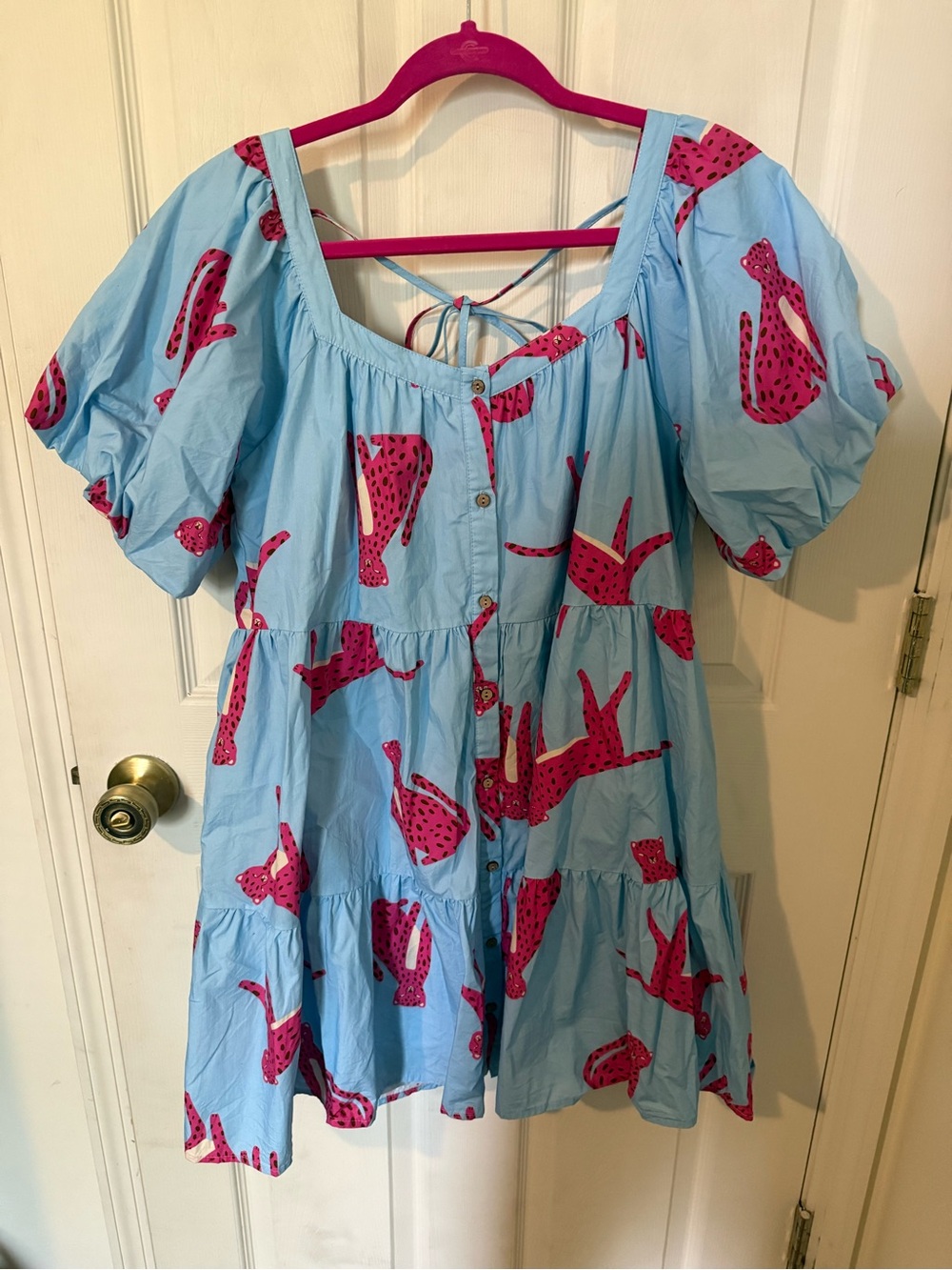 TALULAH Blue Puff-Sleeve Button-Front Top with Pink Cat Print